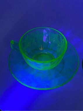Vintage Jeannette Co. Uranium Green Depression Glass Teacup and Saucer Set 2